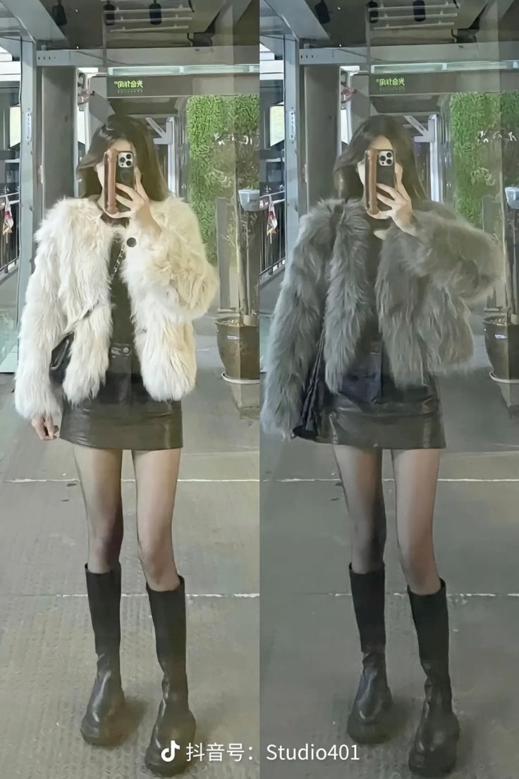 Chân váy da ngắn chữ A và áo khoác lông