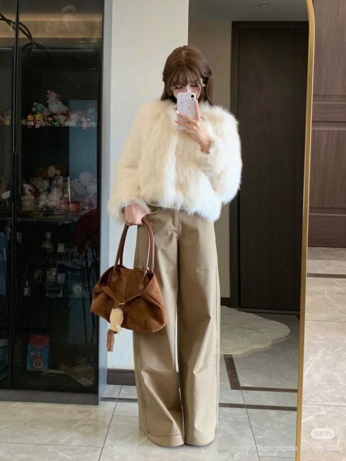 Áo khoác lông dáng lửng và quần kaki suông