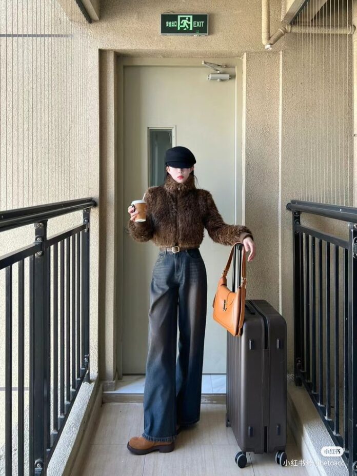 Áo khoác lông dáng ngắn và jean cạp cao suông