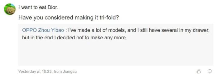 Giám đốc sản phẩm của OPPO Zhou Yibao nói về việc OPPO không sản xuất điện thoại gập 3 màn hình (Ảnh: Internet)