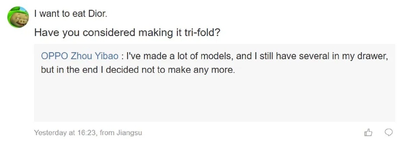 Giám đốc sản phẩm của OPPO Zhou Yibao nói về việc OPPO không sản xuất điện thoại gập 3 màn hình (Ảnh: Internet)