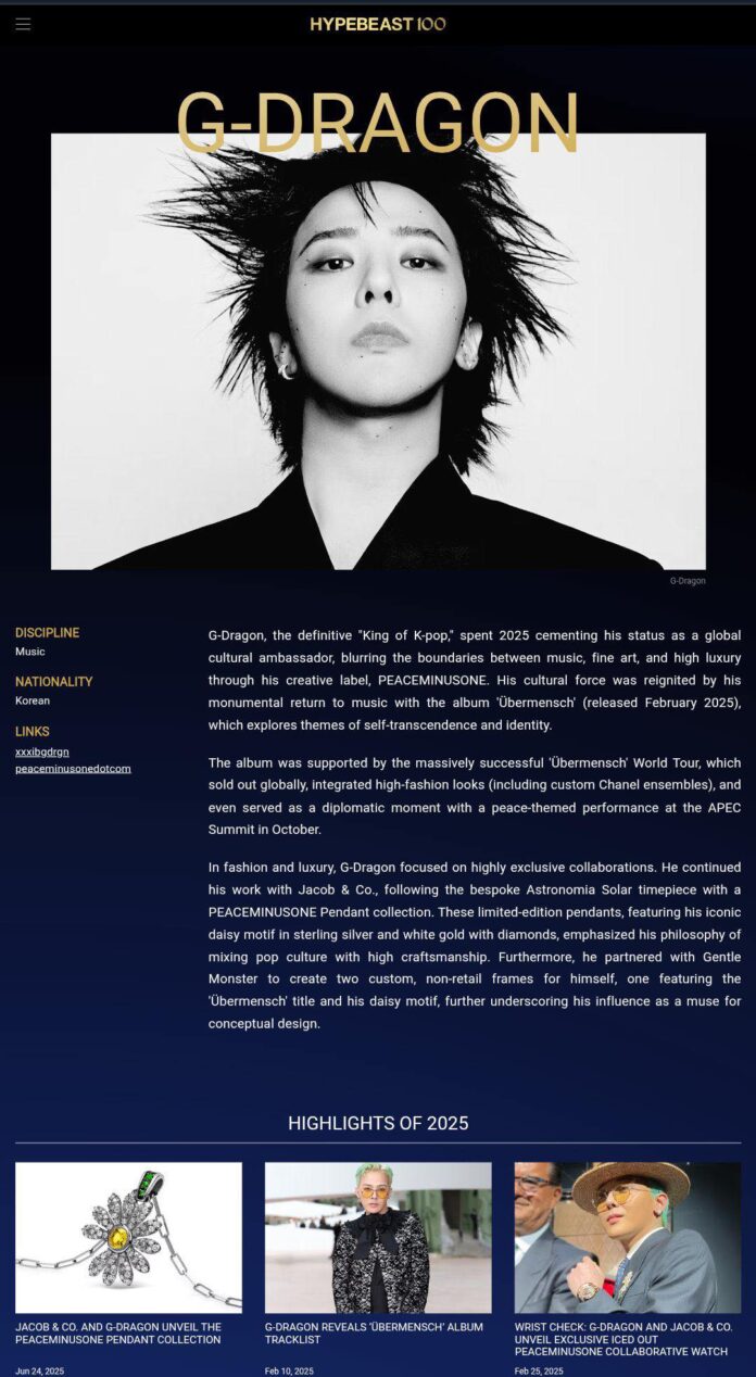 G-Dragon được vinh danh trong danh sách “2025 Hypebeast 100”,