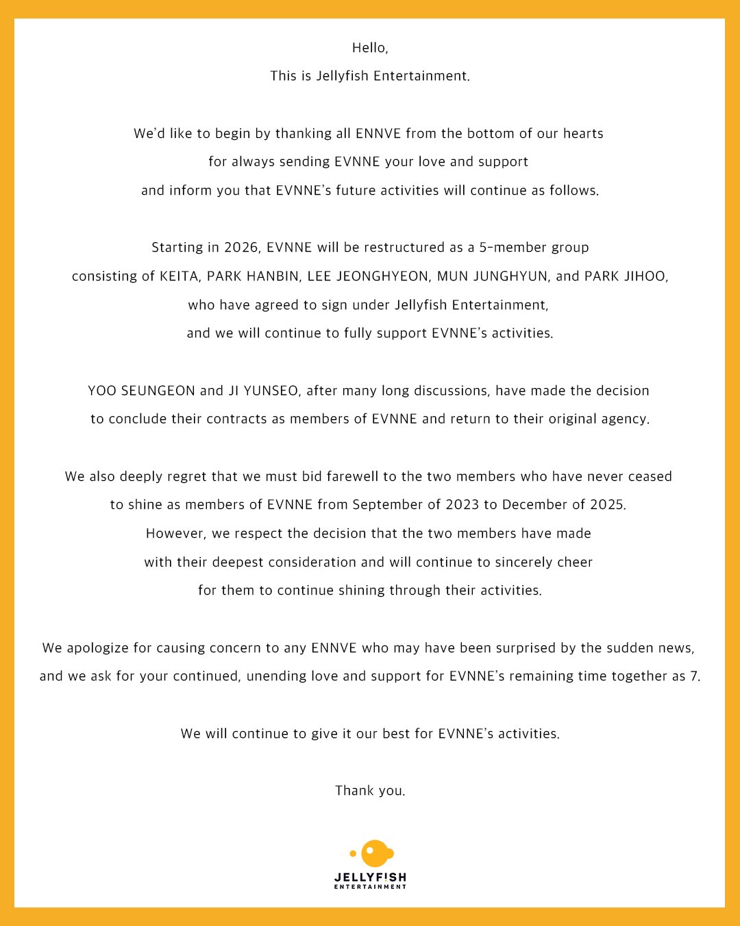 Thông báo từ Jellyfish Entertainment (Ảnh: Internet)