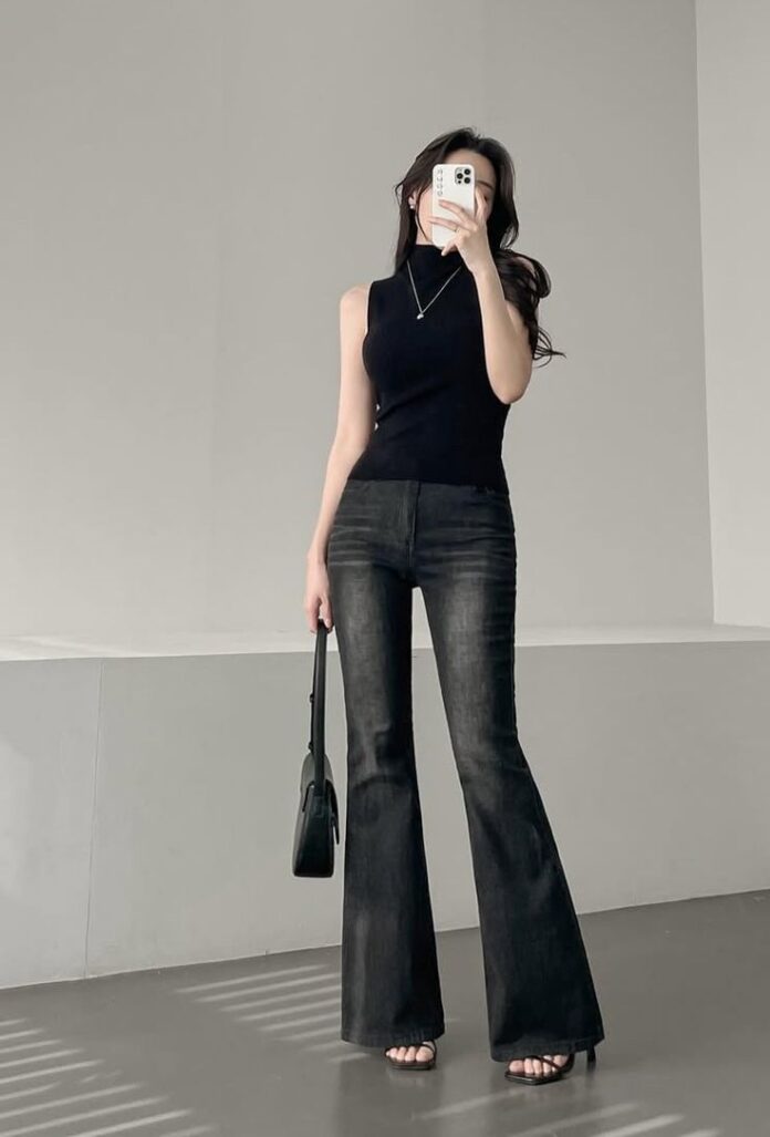 Quần ống loe jean cạp cao