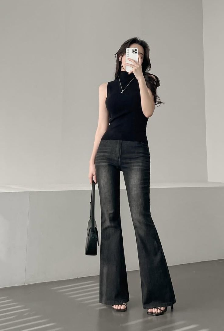 Quần ống loe jean cạp cao