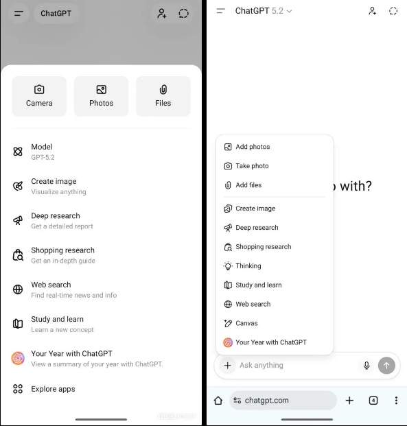 Menu đính kèm của ChatGPT hiện tại và trên web (Ảnh: Internet)
