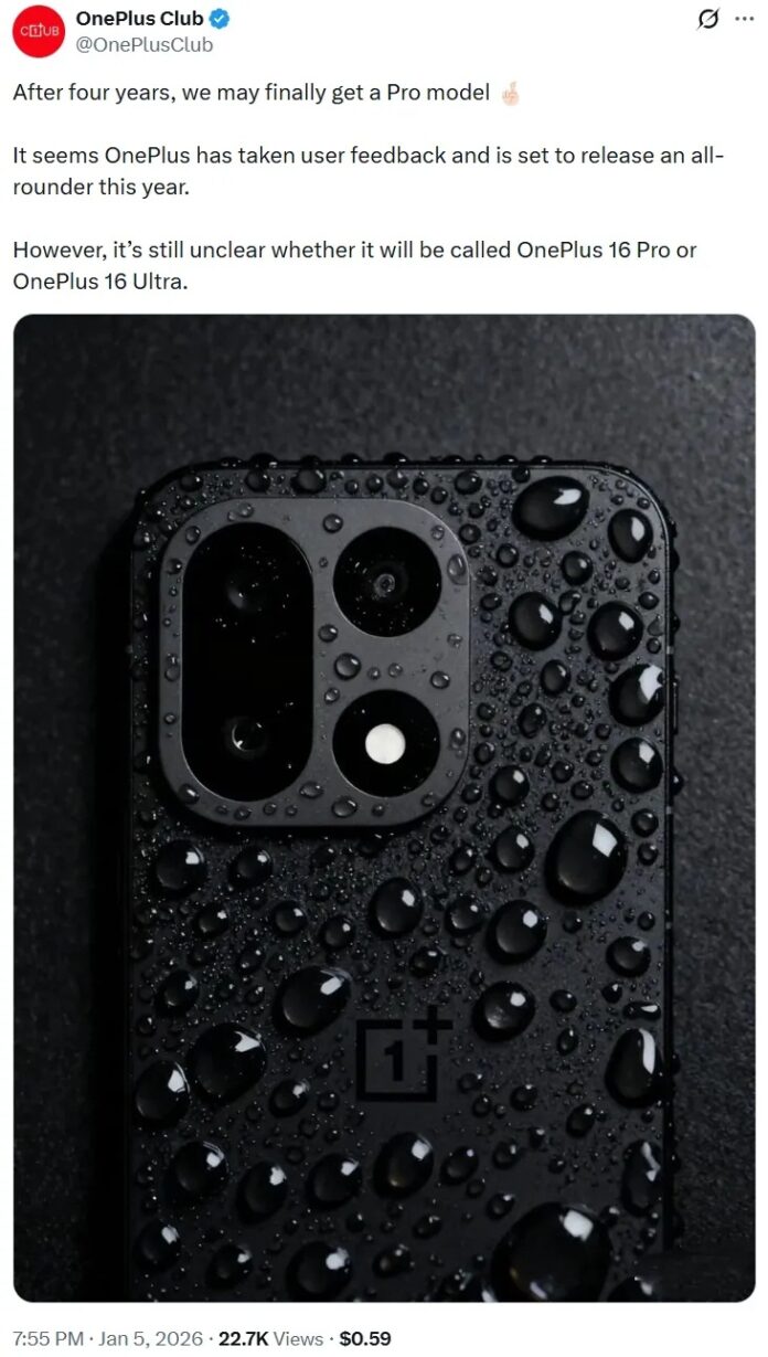 Tài khoản OnePlus Club tiết lộ về mẫu điện thoại OnePlus 16 Pro hoặc OnePlus 16 Ultra (Ảnh: Internet)