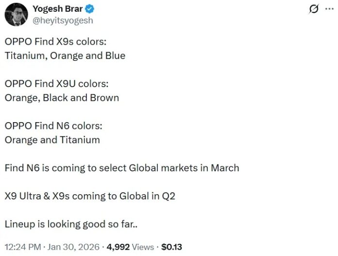 Yogesh Brar tiết lộ về điện thoại OPPO Find X9s, Find X9 Ultra và Find N6 (Ảnh: Internet)