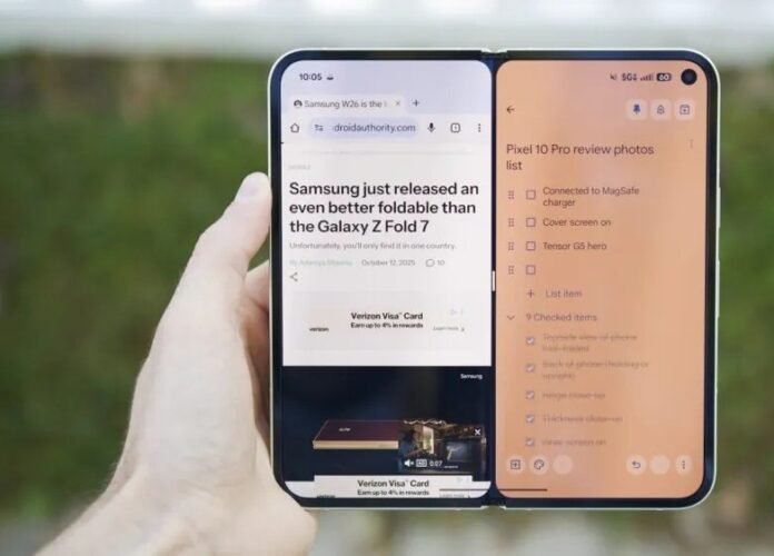 Tính năng xử lý đa nhiệm chia màn hình trên điện thoại gập Pixel 10 Pro Fold của Google (Ảnh: Internet)