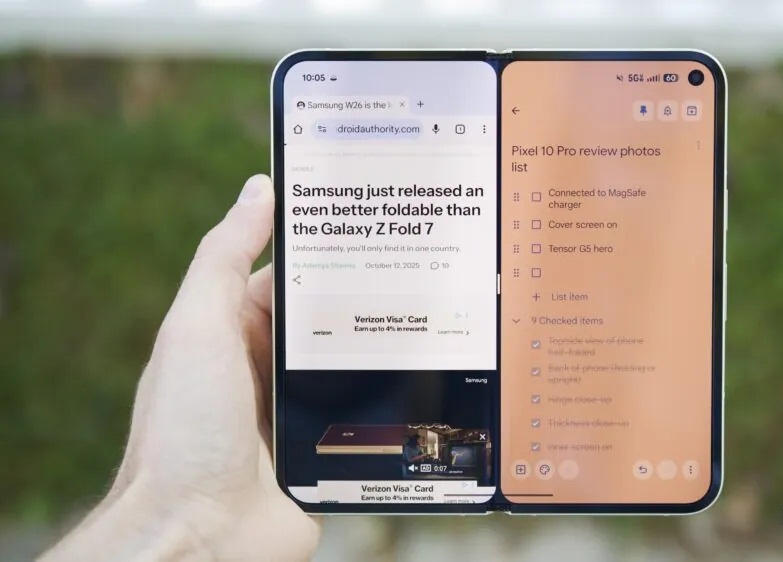 Tính năng xử lý đa nhiệm chia màn hình trên điện thoại gập Pixel 10 Pro Fold của Google (Ảnh: Internet)