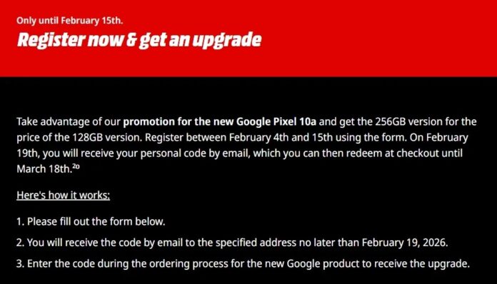 Khuyến mãi dành cho điện thoại Pixel 10a trên trang web của Media Markt (Ảnh: Internet)
