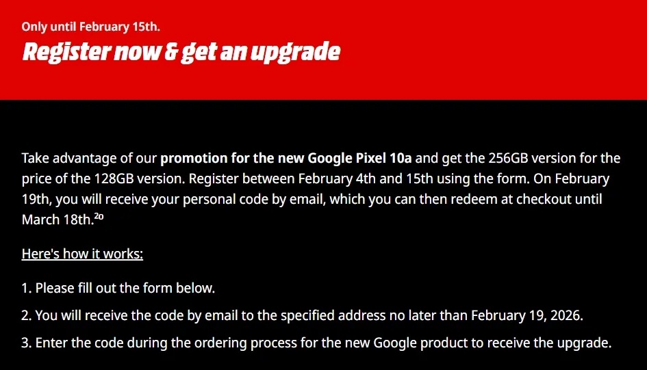 Khuyến mãi dành cho điện thoại Pixel 10a trên trang web của Media Markt (Ảnh: Internet)