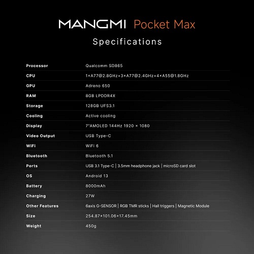 Thông số kỹ thuật của máy chơi game MANGMI Pocket Max (Ảnh: Internet)