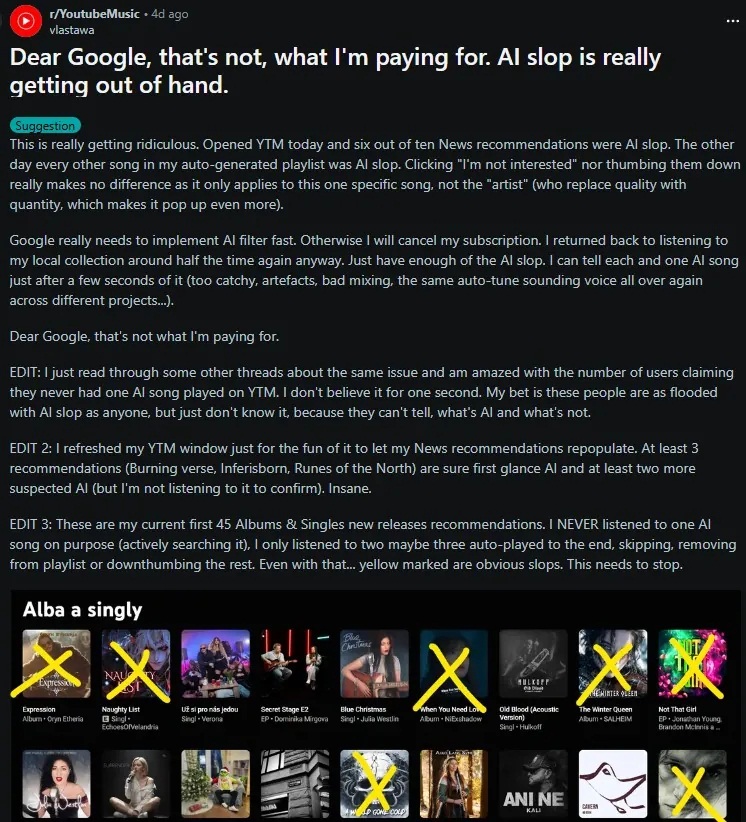 Người dùng YouTube Music phàn nàn trên Reddit về những bản nhạc do AI tạo ra xuất hiện trong đề xuất của mình (Ảnh: Internet)