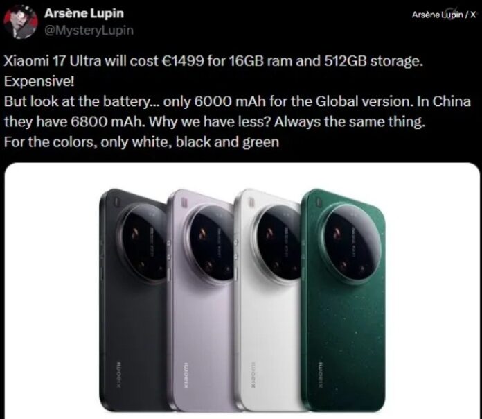 Giá bán và thông số kỹ thuật của điện thoại Xiaomi 17 Ultra bị rò rỉ trên X (Ảnh: Internet) Giá bán và thông số kỹ thuật của điện thoại Xiaomi 17 Ultra bị rò rỉ trên X (Ảnh: Internet)