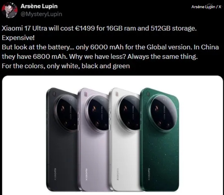 Điện thoại Xiaomi 17 Ultra phiên bản quốc tế sẽ có giá đắt hơn và pin nhỏ hơn phiên bản nội địa Trung Quốc?