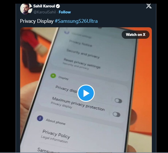 Video tiết lộ điện thoại Galaxy S26 Ultra với tính năng Màn hình Riêng tư (Ảnh: Internet)