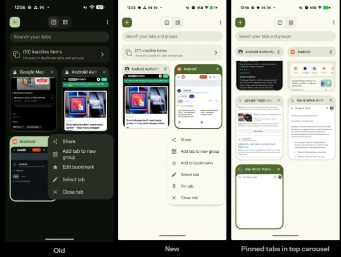So sánh giao diện cũ và mới của Chrome với tính năng ghim tab (Ảnh: Internet)