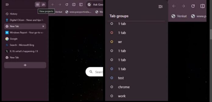 Giao diện tab dọc và Dự án của trình duyệt Chrome (Ảnh: Internet)