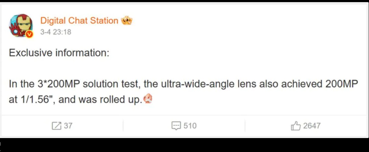 Bài đăng trên Weibo tiết lộ về điện thoại có 3 camera 200MP (Ảnh: Internet)