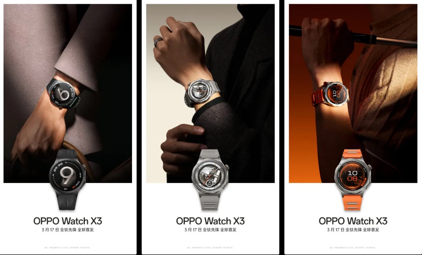 Thông báo ra mắt đồng hồ thông minh OPPO Watch X3 màu đen, màu titan, màu cam (Ảnh: Internet)