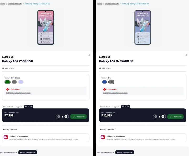 Thông tin về điện thoại Galaxy A37 trên trang web của Vodacom (Ảnh: Internet)