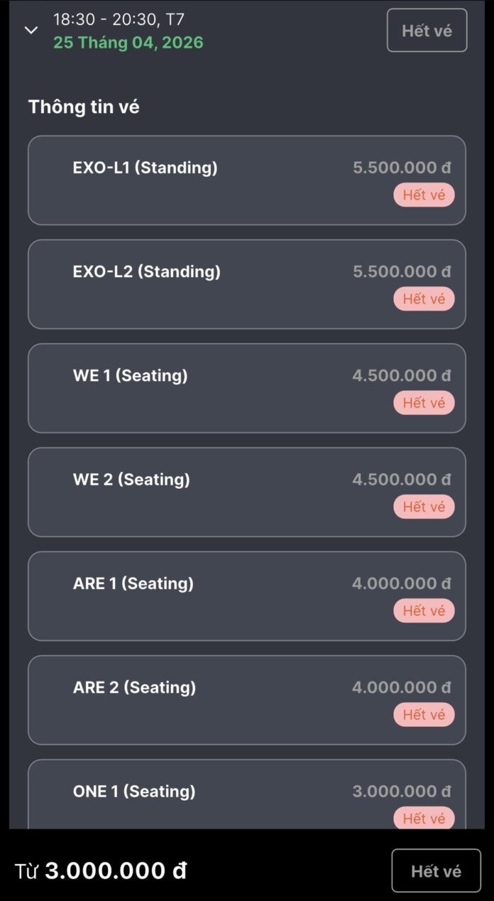 Vé concert trên ticketbox đã được bán hết khi chưa đầy 24 giờ mở bán (Ảnh: Internet)