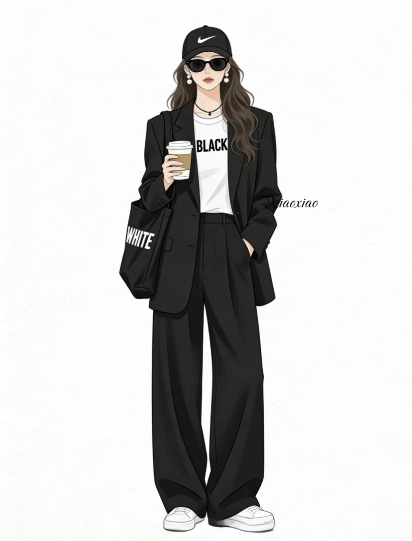 Blazer đen và quần vải suông