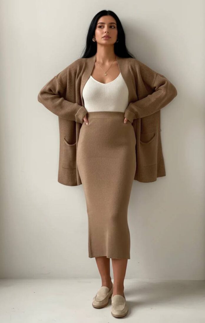 Áo cardigan dệt kim phối chân váy midi (Ảnh: Internet)
