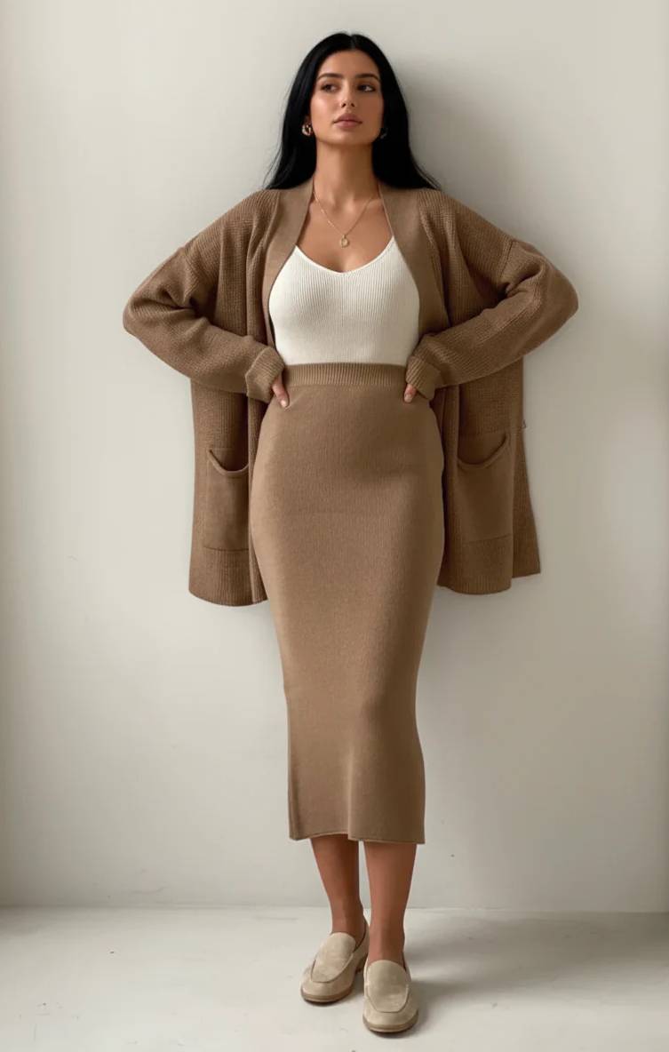 Áo cardigan dệt kim phối chân váy midi (Ảnh: Internet)