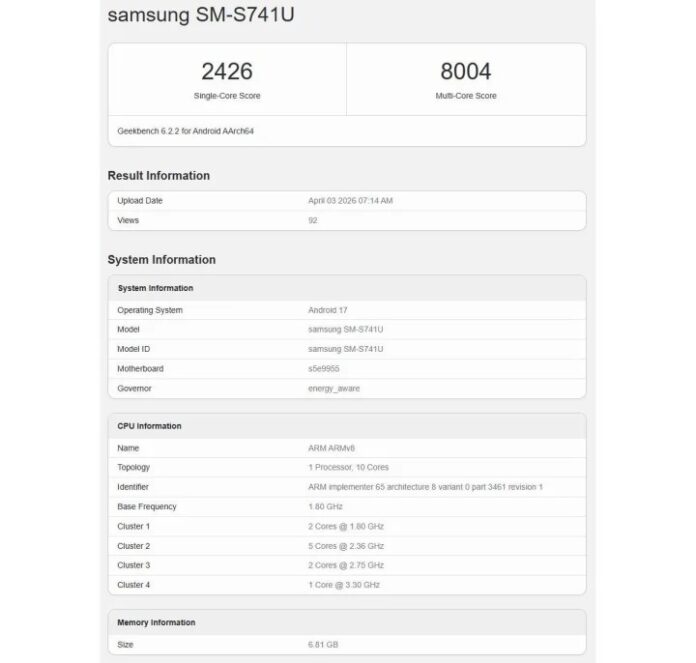 Galaxy S26 FE đạt 2.426 điểm đơn nhân và 8.004 điểm đa nhân trên Geekbench, cho thấy hiệu năng đa nhiệm cải thiện rõ rệt (Ảnh: Internet) Galaxy S26 FE đạt 2.426 điểm đơn nhân và 8.004 điểm đa nhân trên Geekbench, cho thấy hiệu năng đa nhiệm cải thiện rõ rệt (Ảnh: Internet)