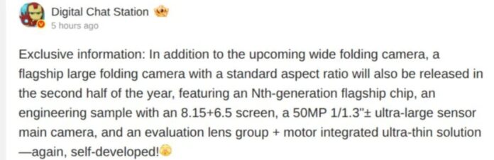 Theo Digital Chat Station, Huawei Mate X8 có thể có màn hình 6,5 inch bên ngoài, 8,15 inch bên trong và camera chính 50 MP cảm biến lớn 1/1.3 inch, ưu tiên chất lượng ảnh hơn chạy đua megapixel (Ảnh: Internet) Theo Digital Chat Station, Huawei Mate X8 có thể có màn hình 6,5 inch bên ngoài, 8,15 inch bên trong và camera chính 50 MP cảm biến lớn 1/1.3 inch, ưu tiên chất lượng ảnh hơn chạy đua megapixel (Ảnh: Internet)