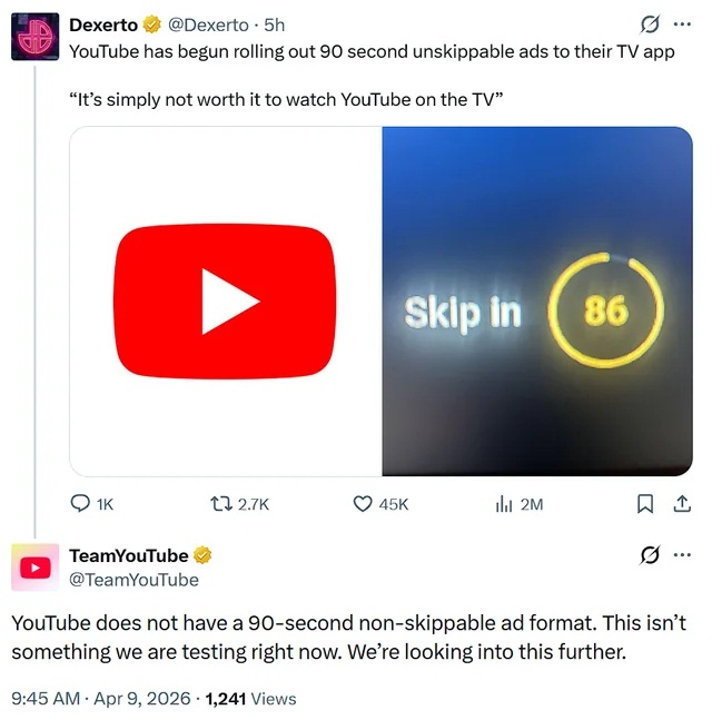 Người dùng báo cáo về quảng cáo không thể bỏ qua dài 90 giây của YouTube (Ảnh: Internet) Người dùng báo cáo về quảng cáo không thể bỏ qua dài 90 giây của YouTube (Ảnh: Internet)