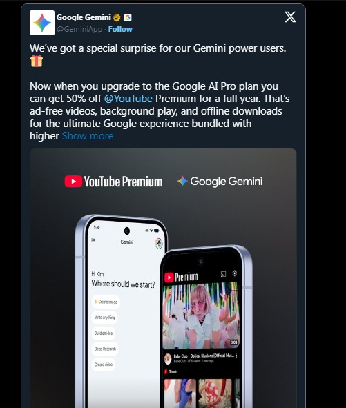 Google thông báo về ưu đãi mới cho người dùng đăng ký gói AI Pro (Ảnh: Internet)