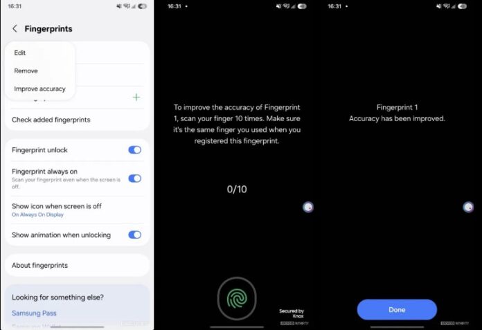 Tính năng cải thiện độ chính xác vân tay trên điện thoại Galaxy S25 FE (Ảnh: Internet)