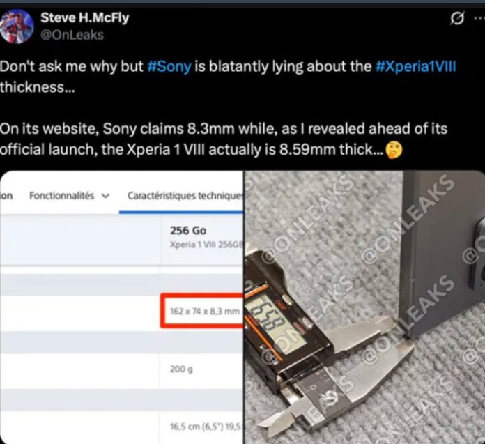 Bài đăng của OnLeaks cho thấy điện thoại Xperia 1 VIII dày 8,59mm chứ không phải 8,3mm như Sony tuyên bố (Ảnh: Internet)