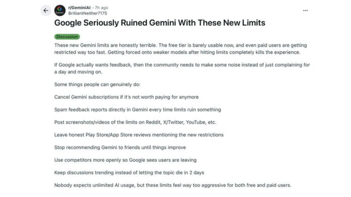 Bài đăng trên Reddit phàn nàn về giới hạn mới của Gemini (Ảnh: Internet)