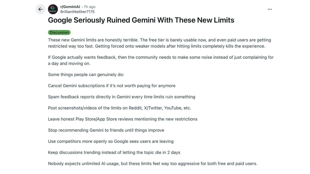 Bài đăng trên Reddit phàn nàn về giới hạn mới của Gemini (Ảnh: Internet)