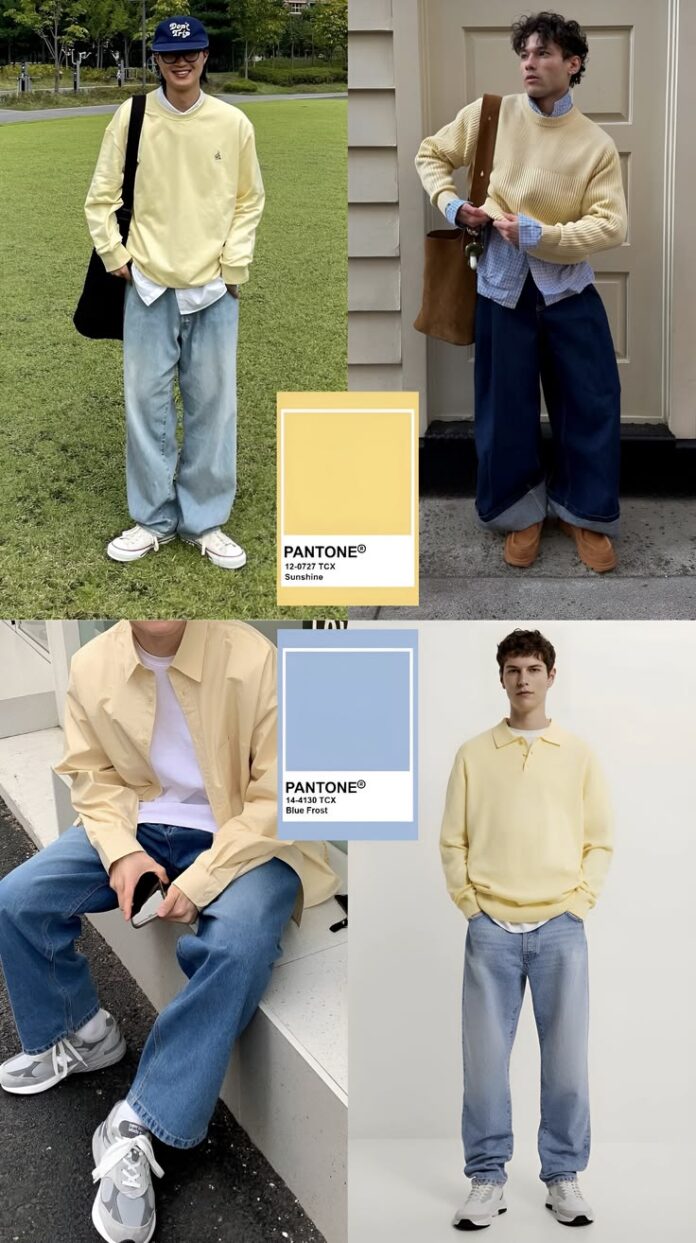 Màu vàng non kết hợp xanh jean