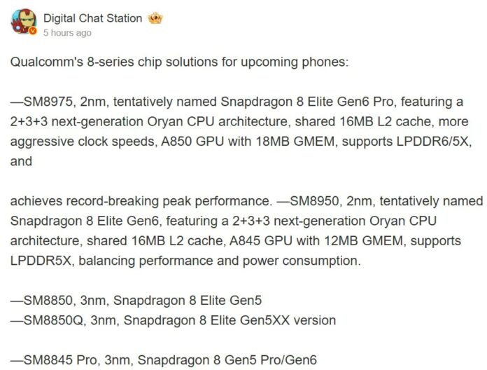 Lộ trình phát triển chip Snapdragon 8 được DCS chia sẻ trên Weibo (Ảnh: Internet)