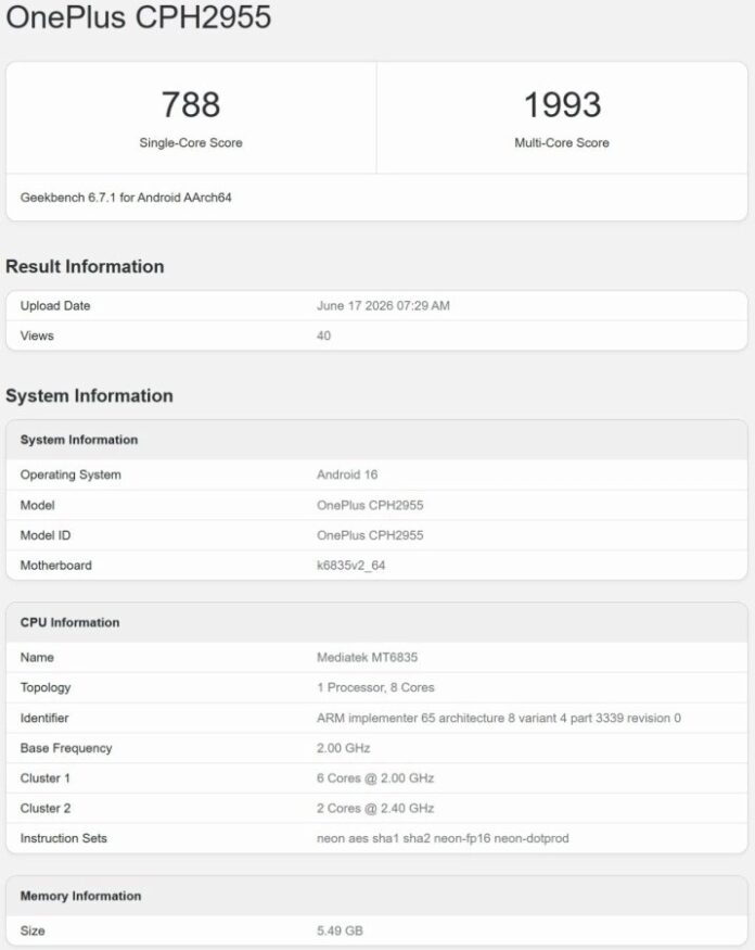 Kết quả Geekbench của điện thoại OnePlus N6 (Ảnh: Internet)