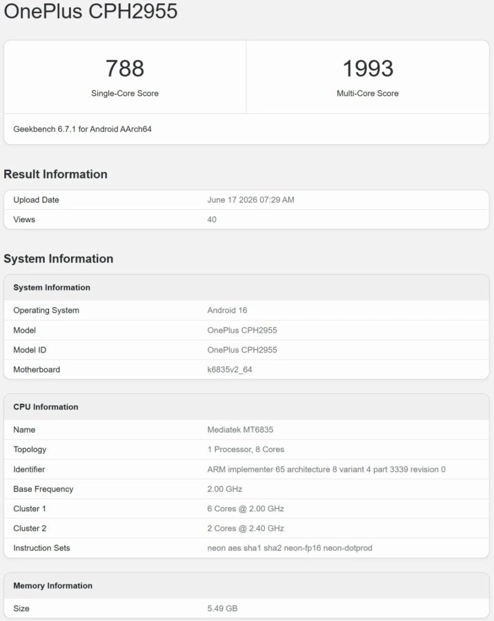 Kết quả Geekbench của điện thoại OnePlus N6 (Ảnh: Internet)