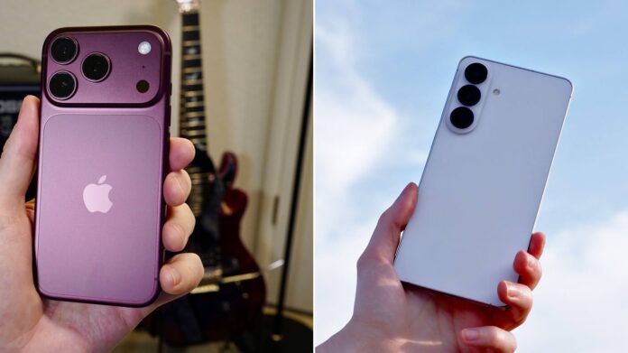 iPhone 18 Pro bản Đỏ Burgundy và Galaxy S26 Plus trong ảnh chụp thực tế. Ảnh: Macworld, TechRadar